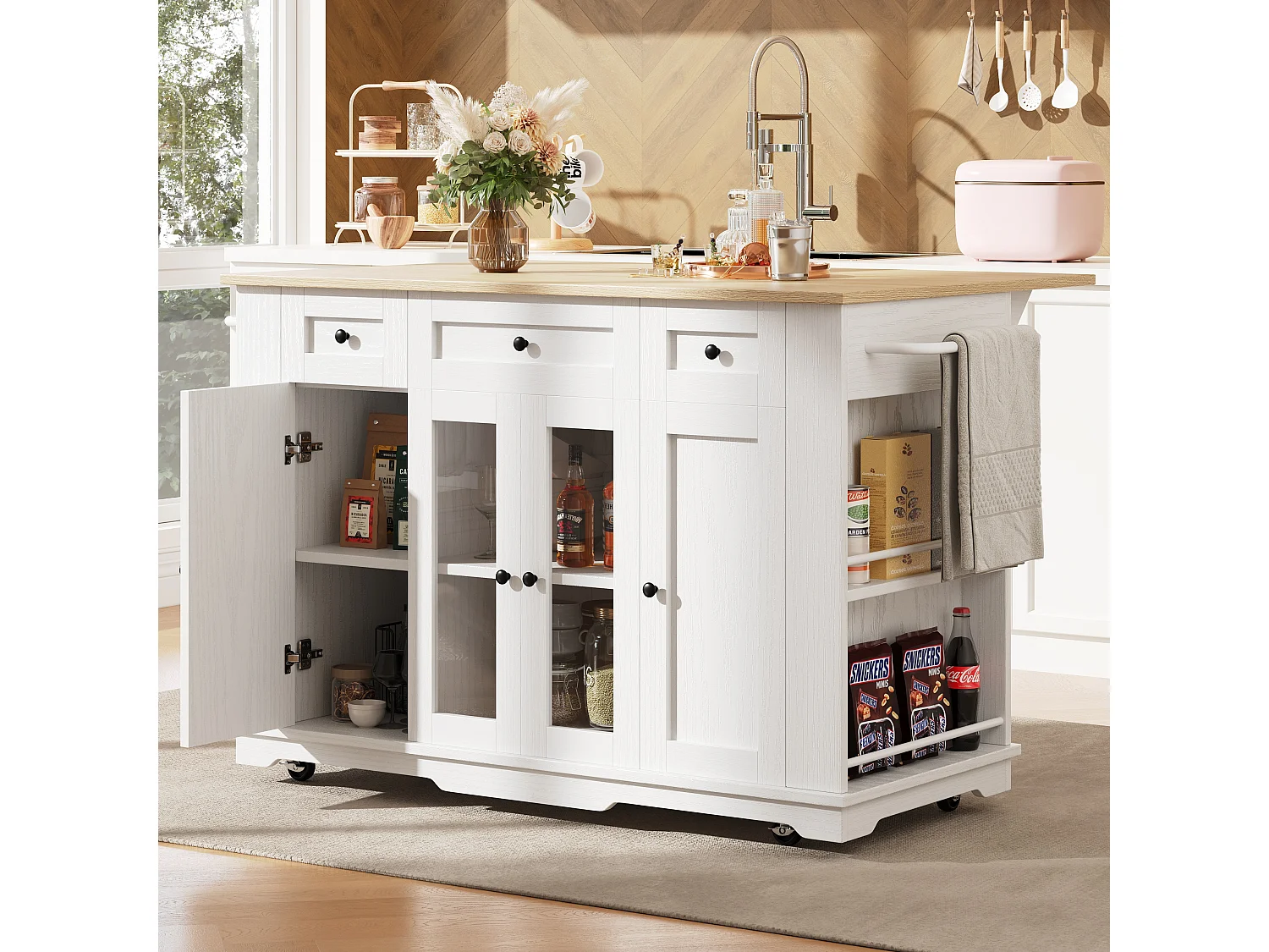 Îlot de cuisine 151.5x60x91.7 cm, plateau rabattable, rangement modulable, verre trempé, blanc et naturel
