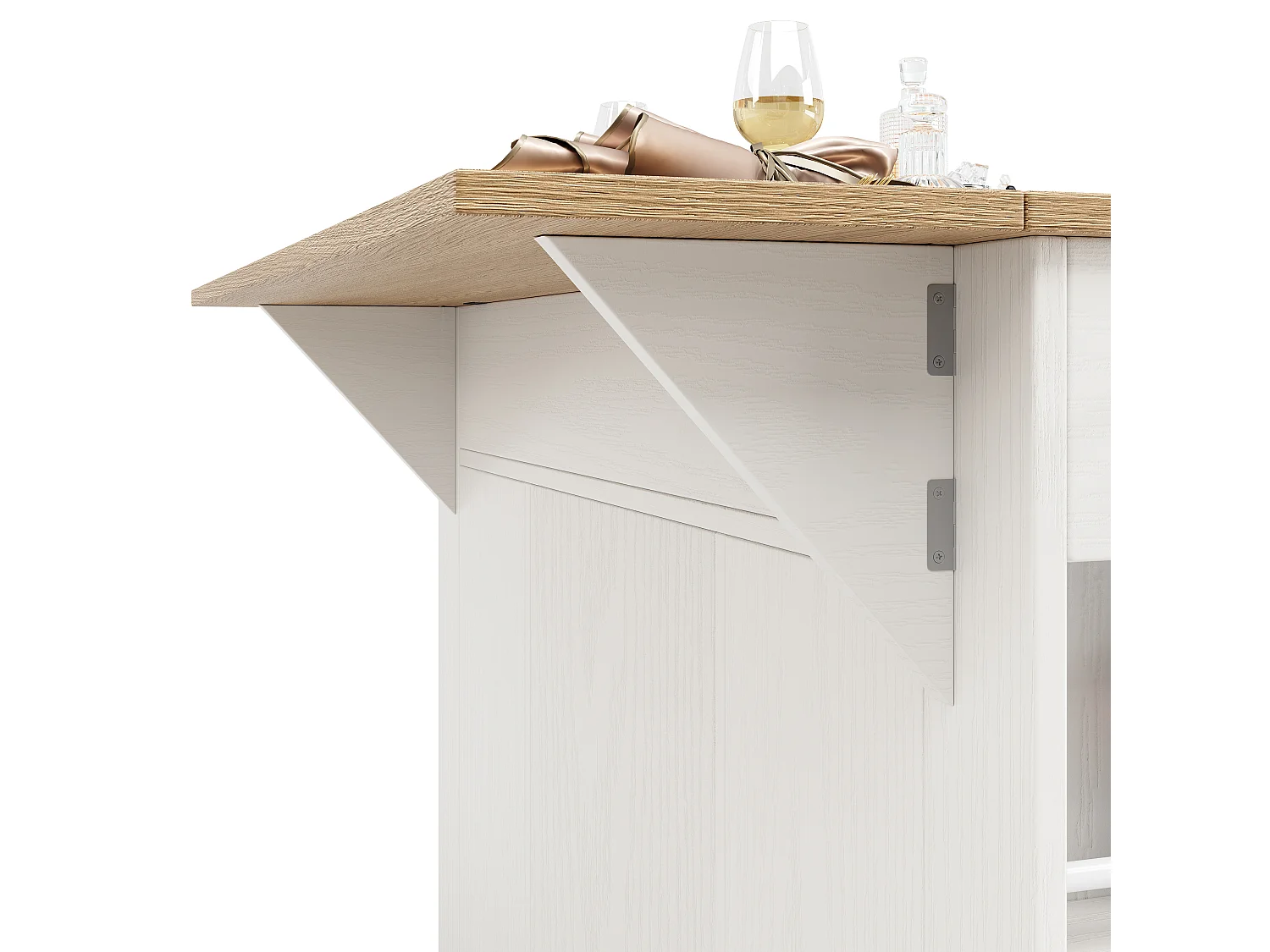 Îlot de cuisine 151.5x60x91.7 cm, plateau rabattable, rangement modulable, verre trempé, blanc et naturel