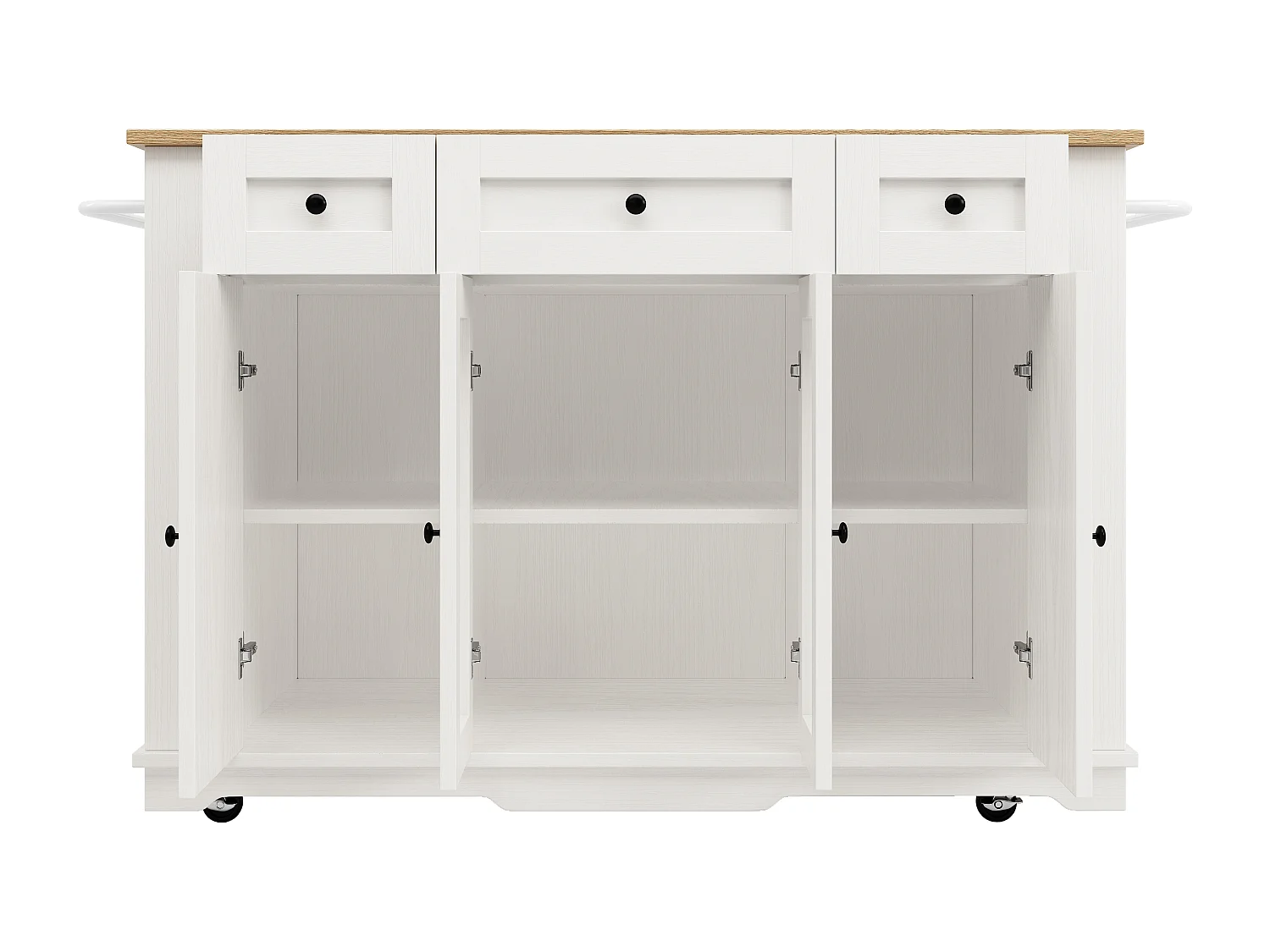 Îlot de cuisine 151.5x60x91.7 cm, plateau rabattable, rangement modulable, verre trempé, blanc et naturel