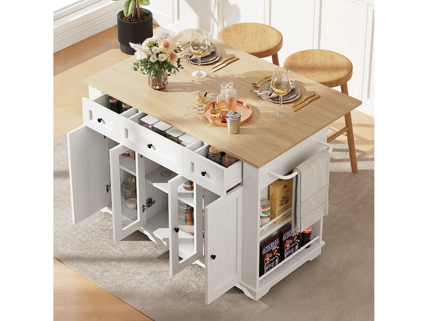 Îlot de cuisine 151.5x60x91.7 cm, plateau rabattable, rangement modulable, verre trempé, blanc et naturel