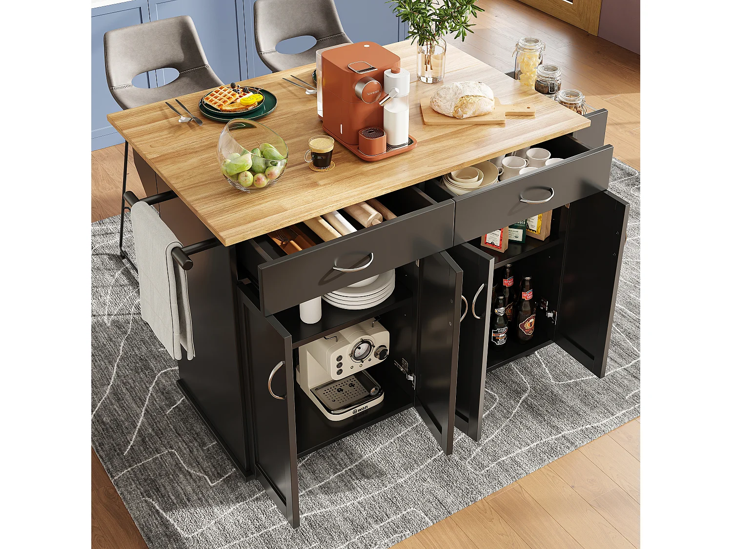 Îlot de cuisine 106x50x90.5 cm, plateau rabattable, roulettes verrouillables, rangement, MDF noir