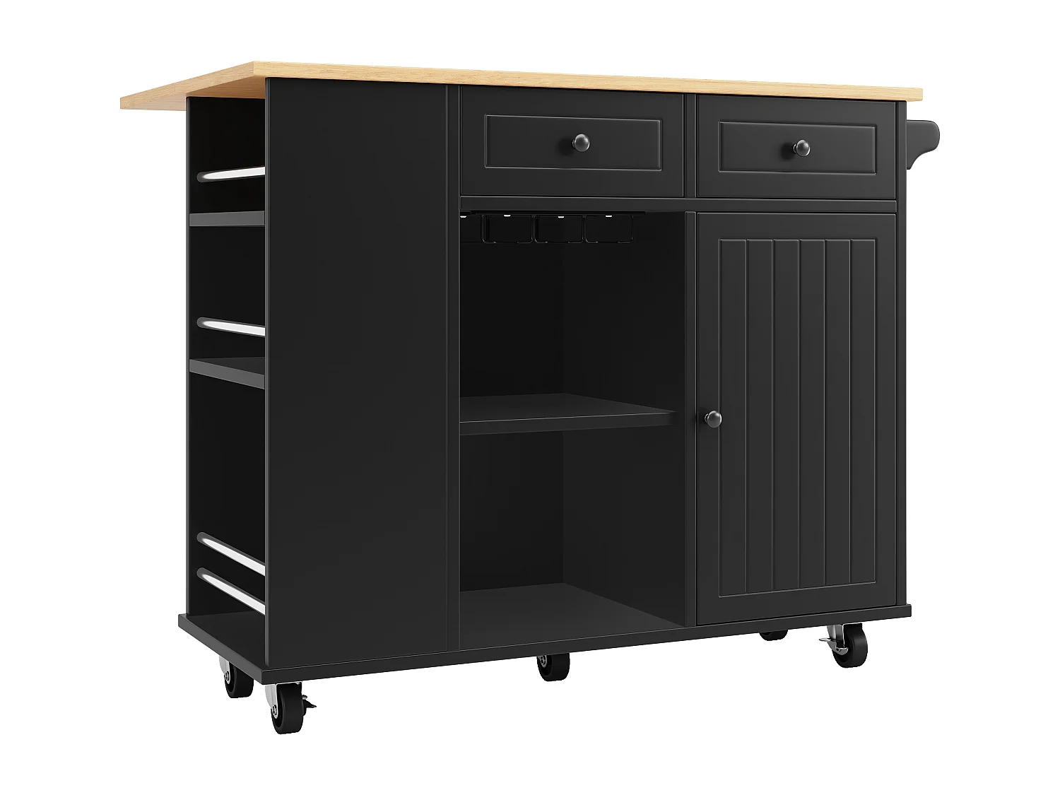 Îlot de cuisine 120x42x91.5 cm, plateau rabattable, range verres et roulettes 360°, MDF et métal noir