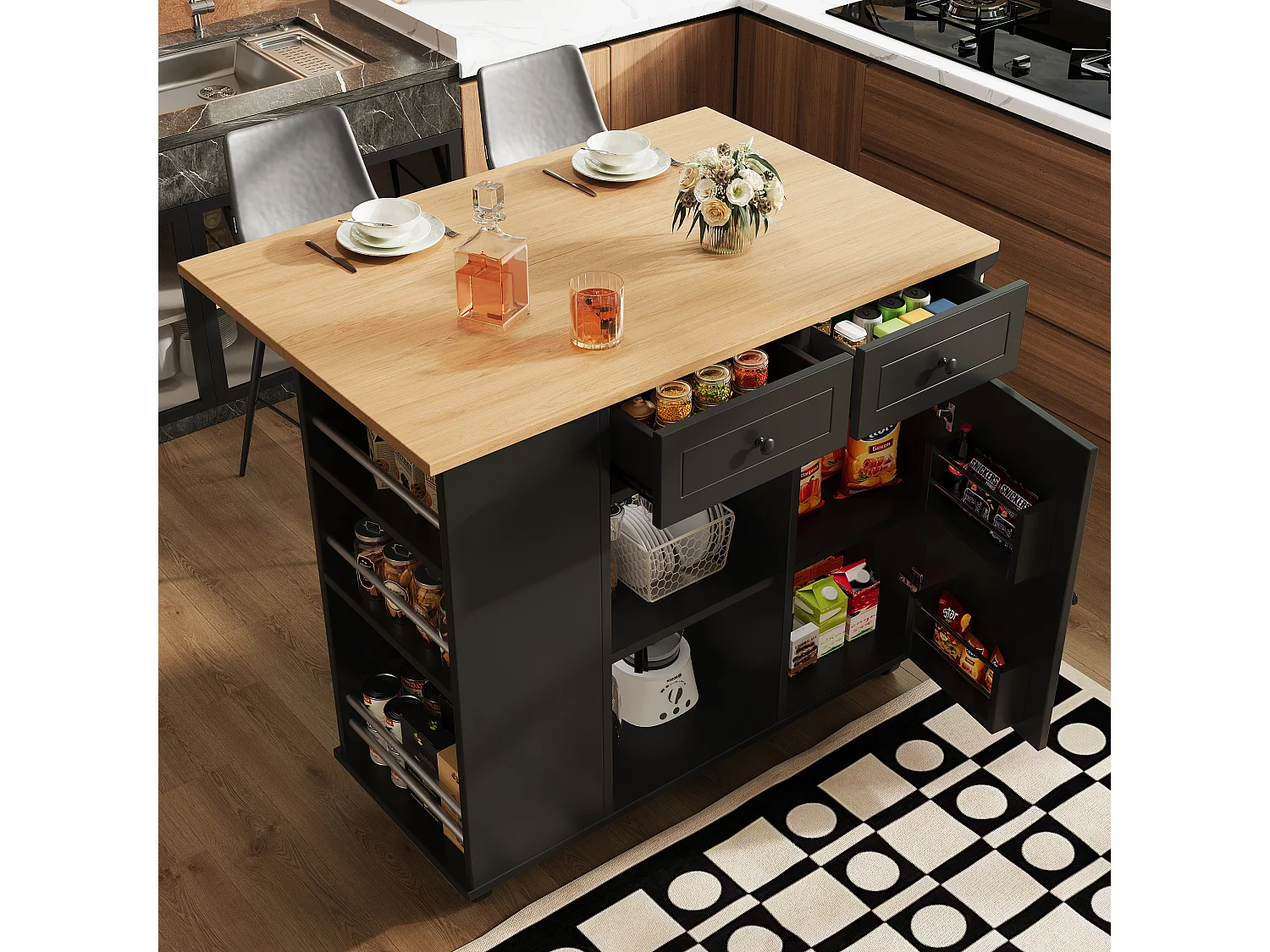Îlot de cuisine 120x42x91.5 cm, plateau rabattable, range verres et roulettes 360°, MDF et métal noir