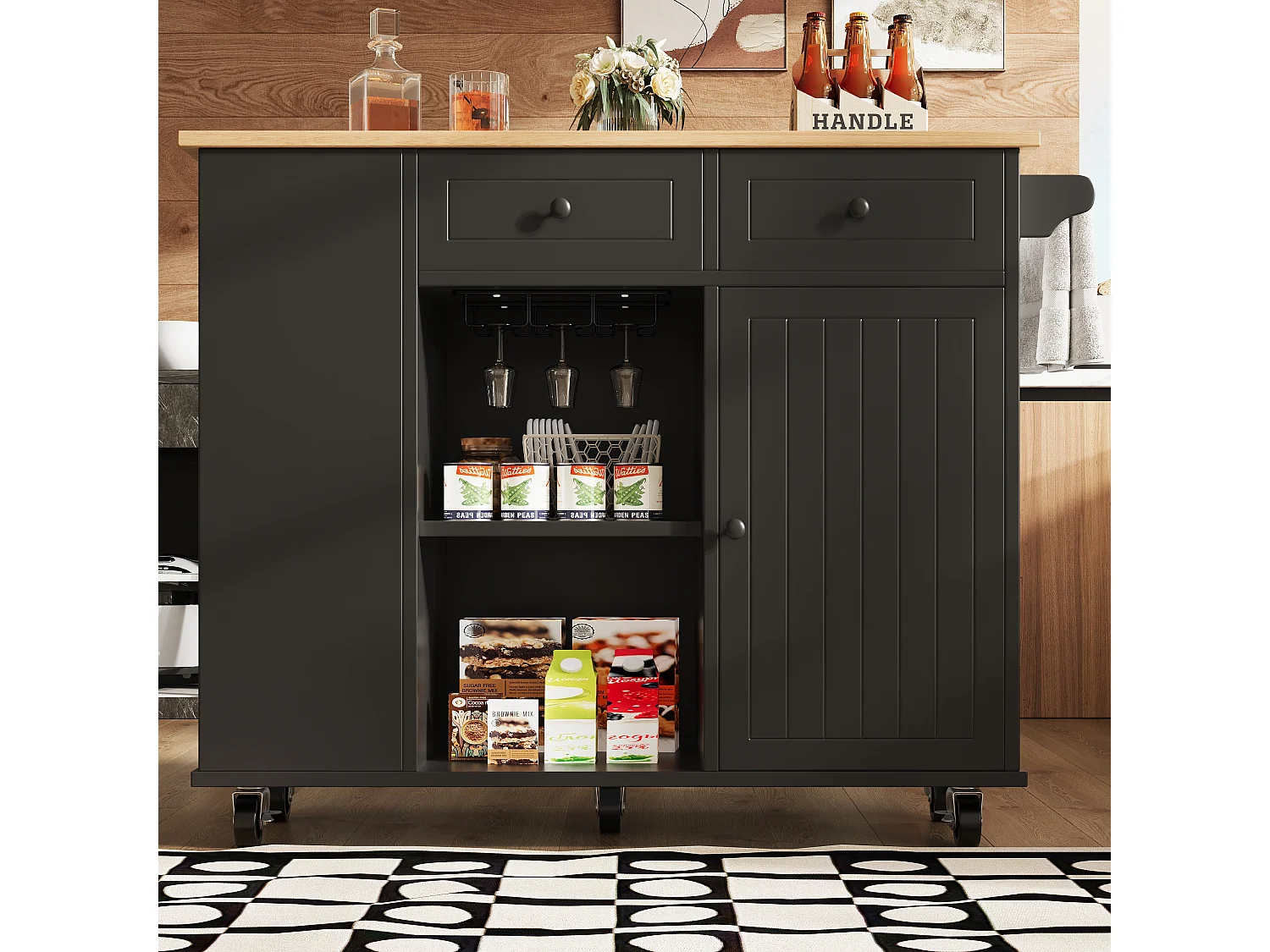 Îlot de cuisine 120x42x91.5 cm, plateau rabattable, range verres et roulettes 360°, MDF et métal noir