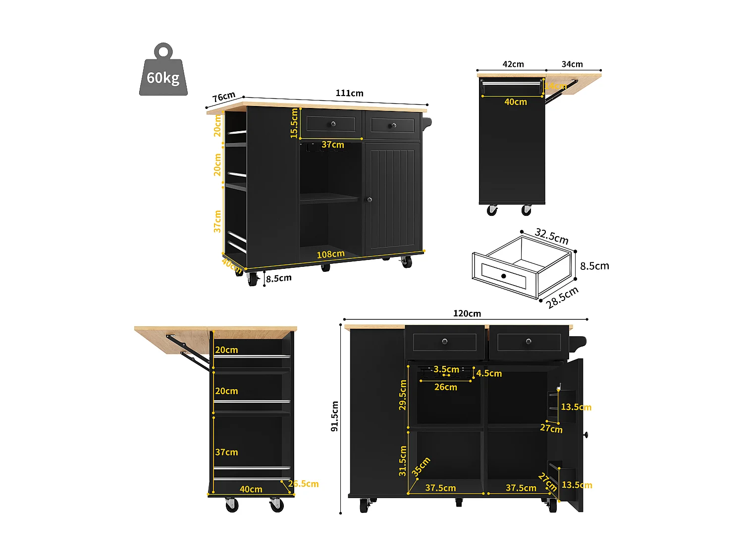 Îlot de cuisine 120x42x91.5 cm, plateau rabattable, range verres et roulettes 360°, MDF et métal noir