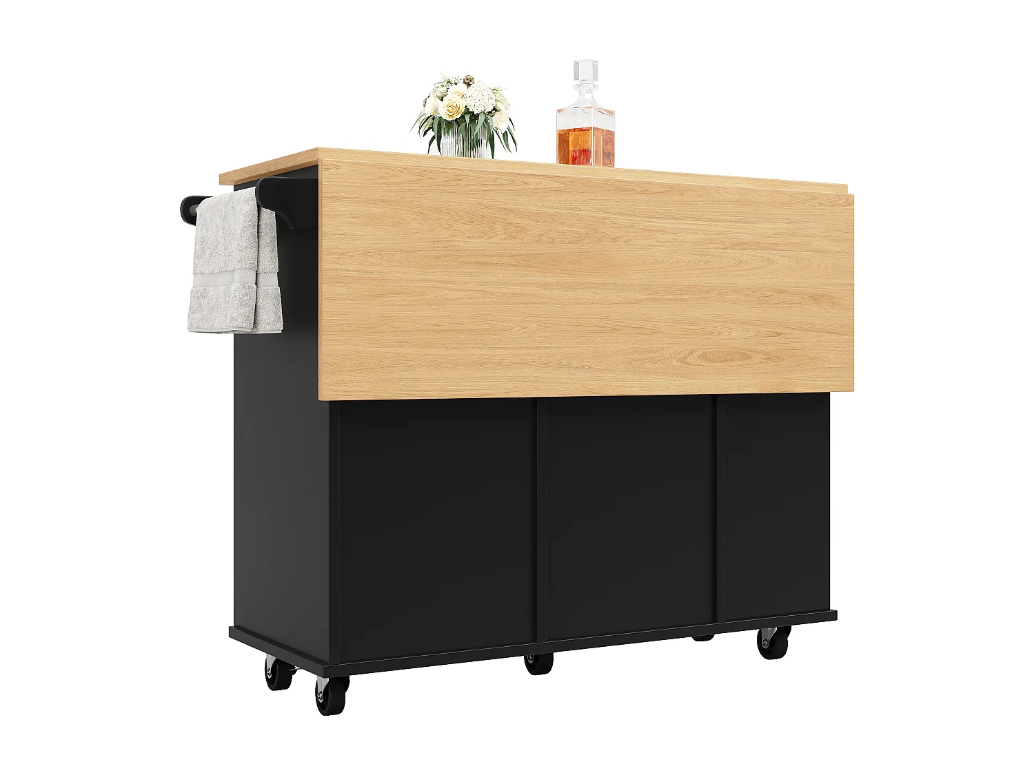 Îlot de cuisine 120x42x91.5 cm, plateau rabattable, range verres et roulettes 360°, MDF et métal noir