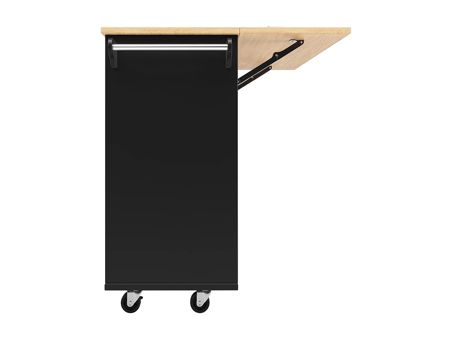 Îlot de cuisine 120x42x91.5 cm, plateau rabattable, range verres et roulettes 360°, MDF et métal noir