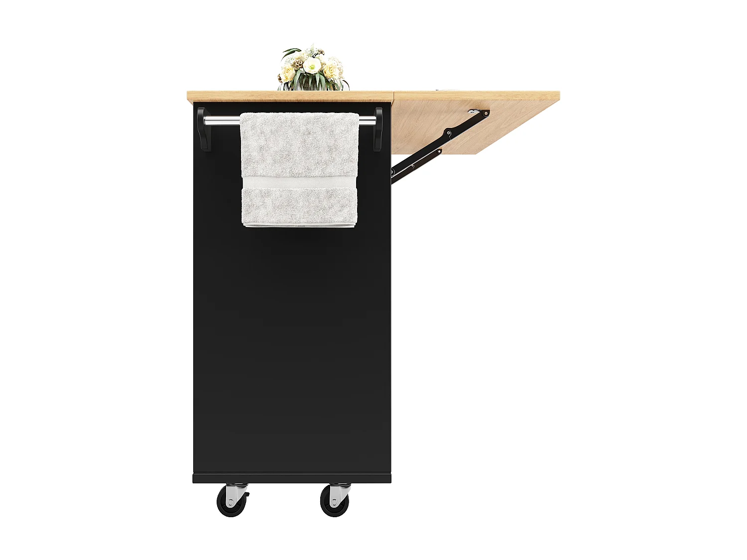 Îlot de cuisine 120x42x91.5 cm, plateau rabattable, range verres et roulettes 360°, MDF et métal noir