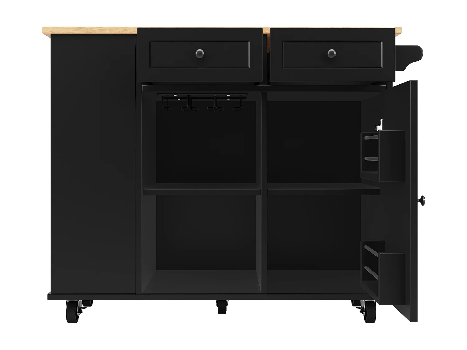 Îlot de cuisine 120x42x91.5 cm, plateau rabattable, range verres et roulettes 360°, MDF et métal noir