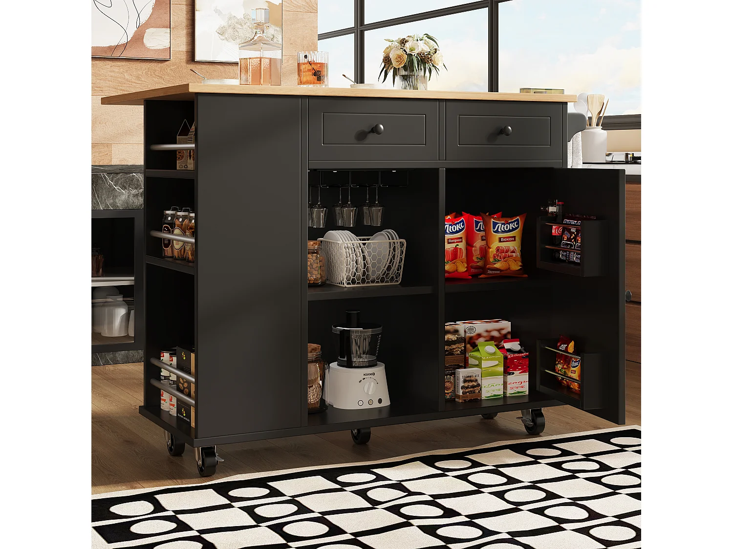 Îlot de cuisine 120x42x91.5 cm, plateau rabattable, range verres et roulettes 360°, MDF et métal noir