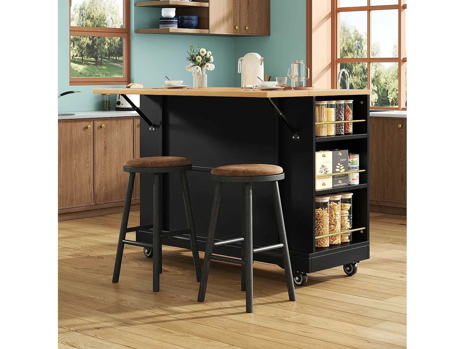 Îlot de cuisine 120x40x90 cm, plateau rabattable et extensible, 2 tiroirs et rangements, MDF noir