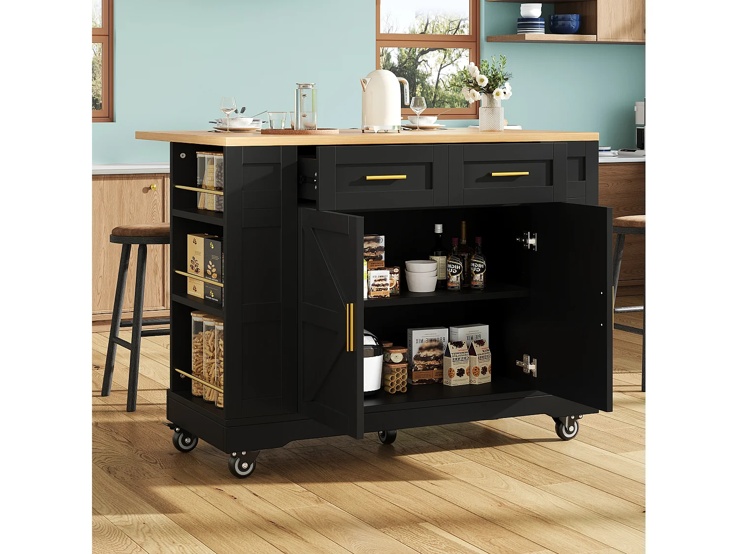 Îlot de cuisine 120x40x90 cm, plateau rabattable et extensible, 2 tiroirs et rangements, MDF noir