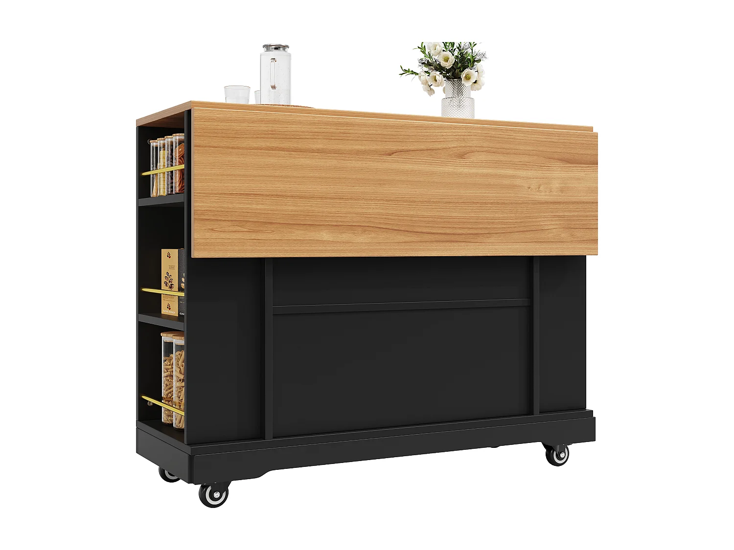 Îlot de cuisine 120x40x90 cm, plateau rabattable et extensible, 2 tiroirs et rangements, MDF noir