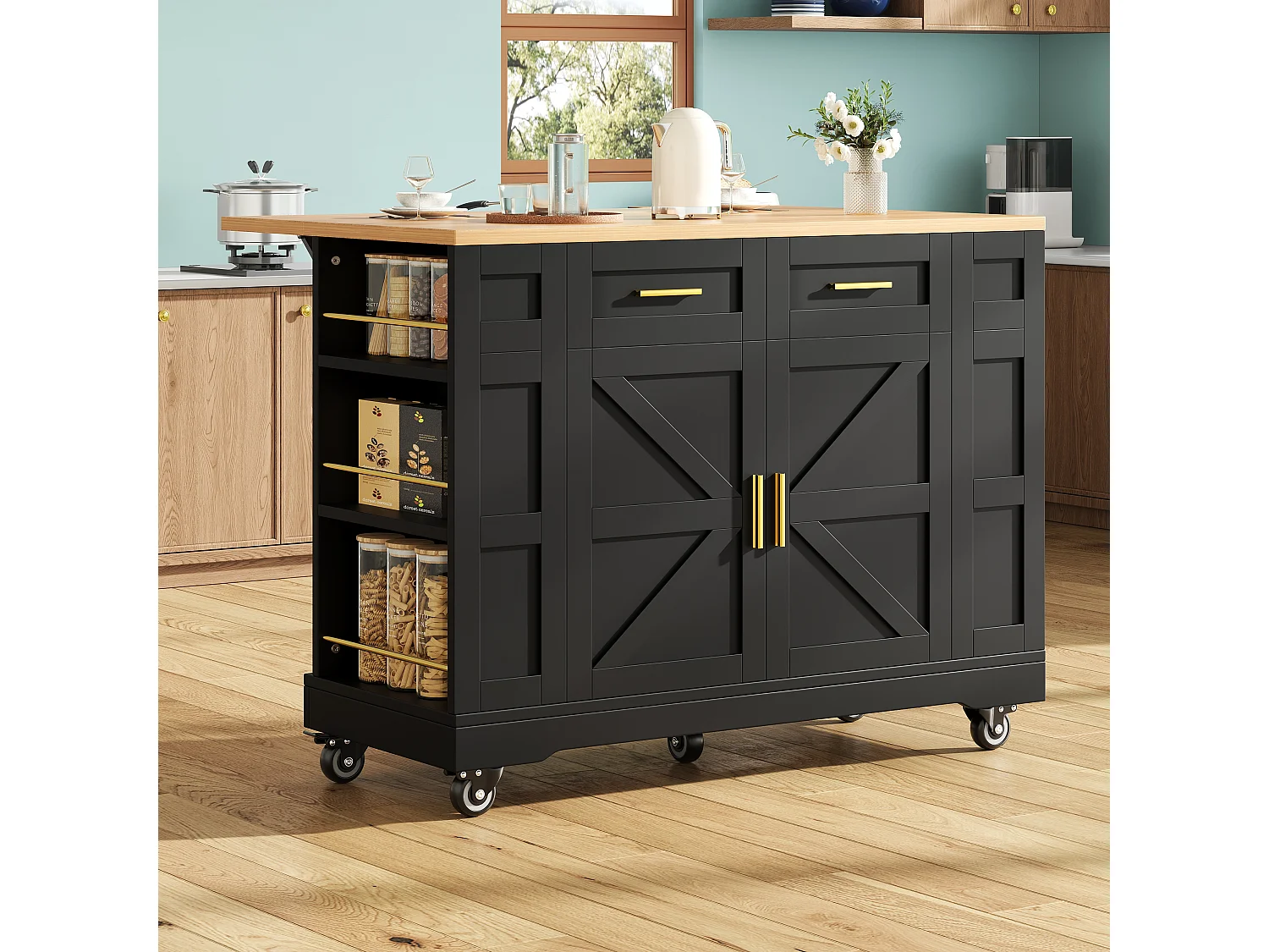 Îlot de cuisine 120x40x90 cm, plateau rabattable et extensible, 2 tiroirs et rangements, MDF noir