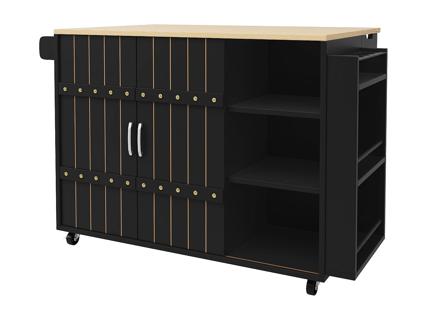 Îlot de cuisine 110x42x90 cm, plateau rabattable, 3 tiroirs, portes coulissantes, MDF noir