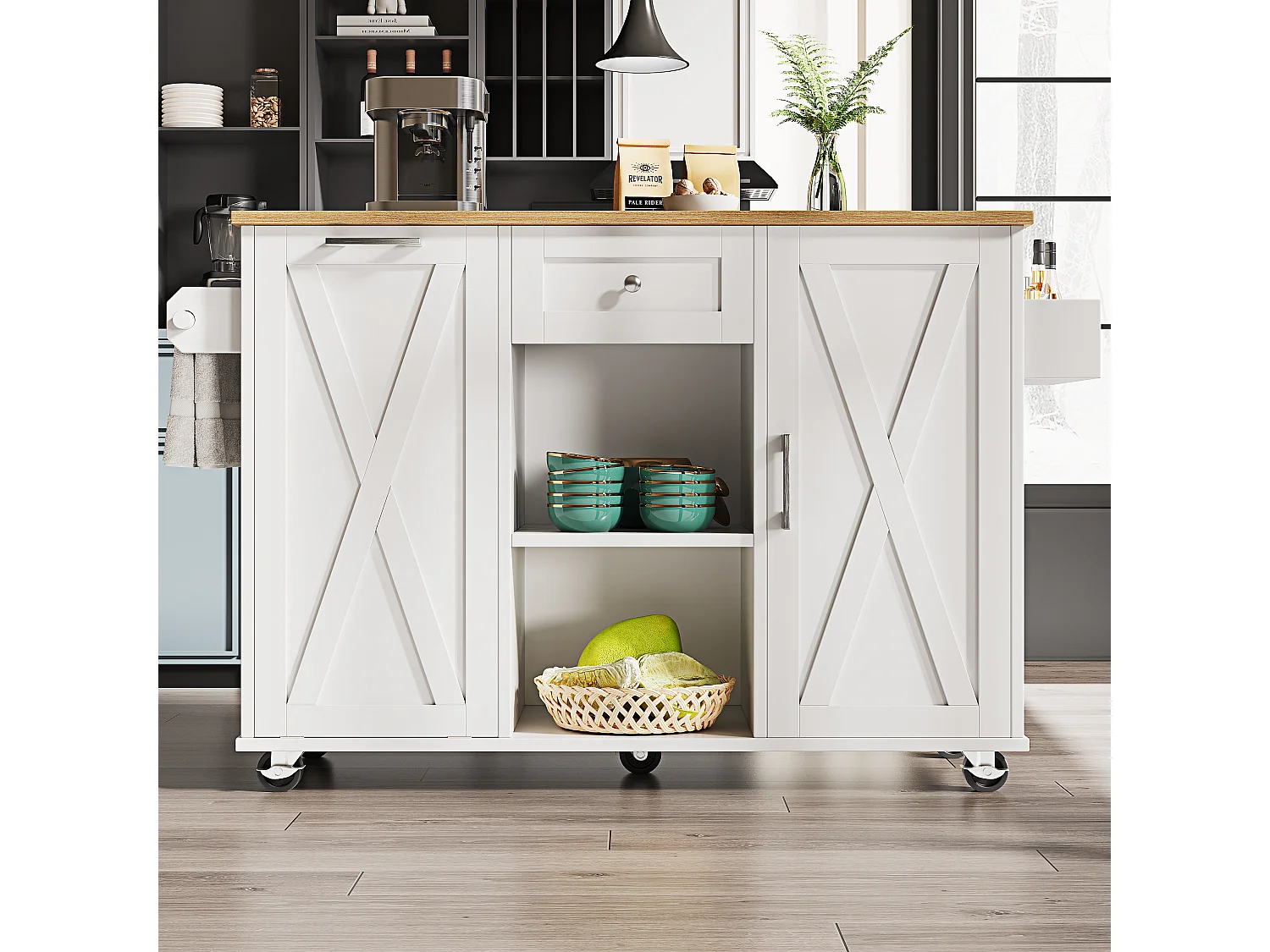 Desserte de cuisine 142x(40-63)x87 cm 2 portes et 1 tiroir Îlot de cuisine avec plateau extensible  - blanc