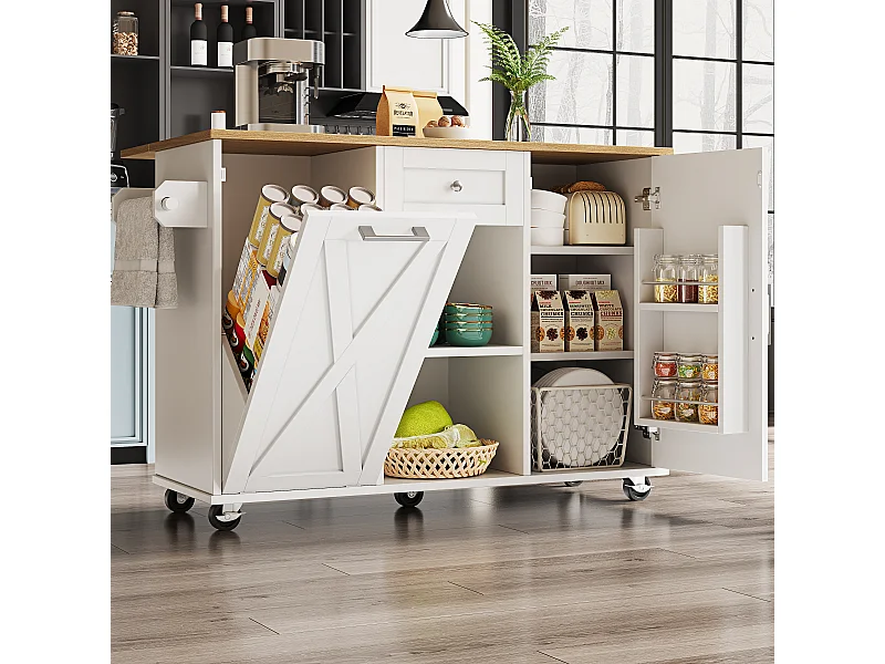 Desserte de cuisine 142x(40-63)x87 cm 2 portes et 1 tiroir Îlot de cuisine avec plateau extensible  - blanc