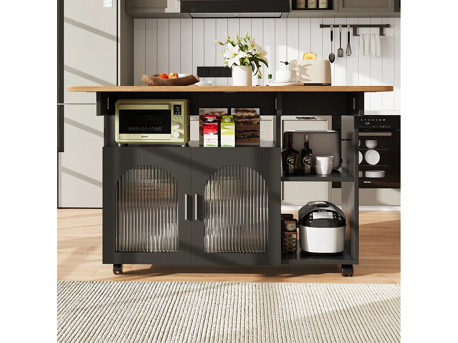 Desserte de cuisine mobile 120x(30/70)x79.5 cm  2 portes en verre Îlot de cuisine avec plateau extensible - noir