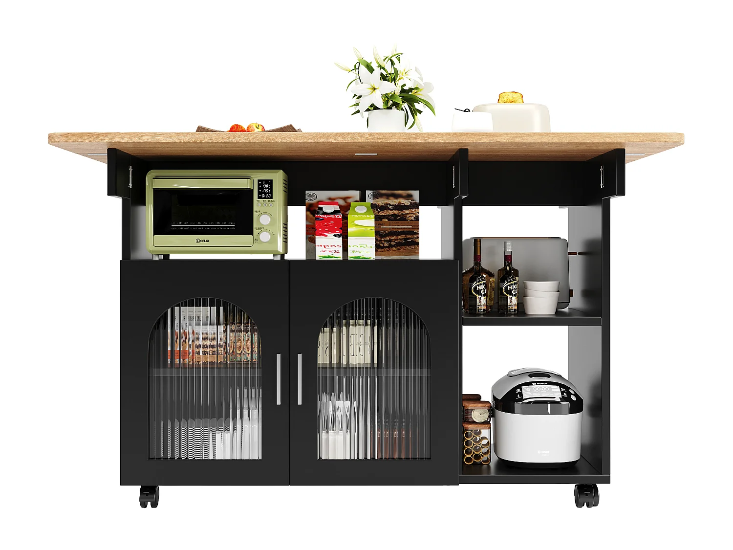Desserte de cuisine mobile 120x(30/70)x79.5 cm  2 portes en verre Îlot de cuisine avec plateau extensible - noir