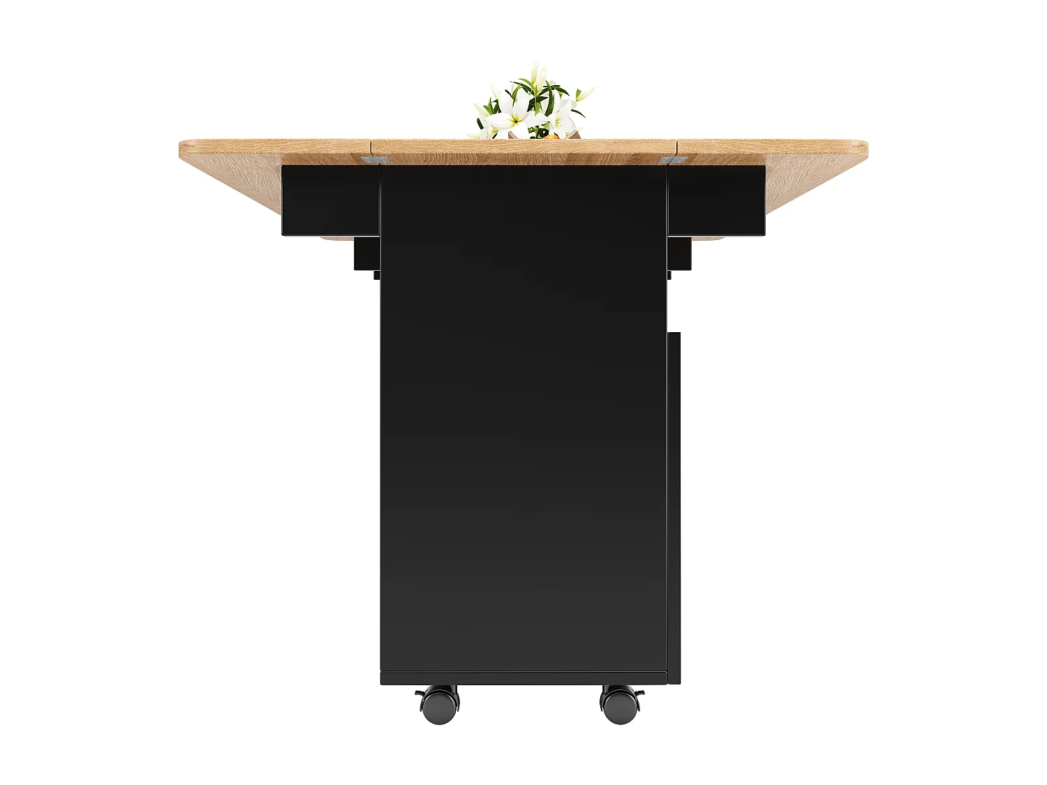 Îlot de cuisine 120x30x79.5 cm, plateau rabattable, roulettes, rangements ouverts et fermés, verre MDF, noir et naturel