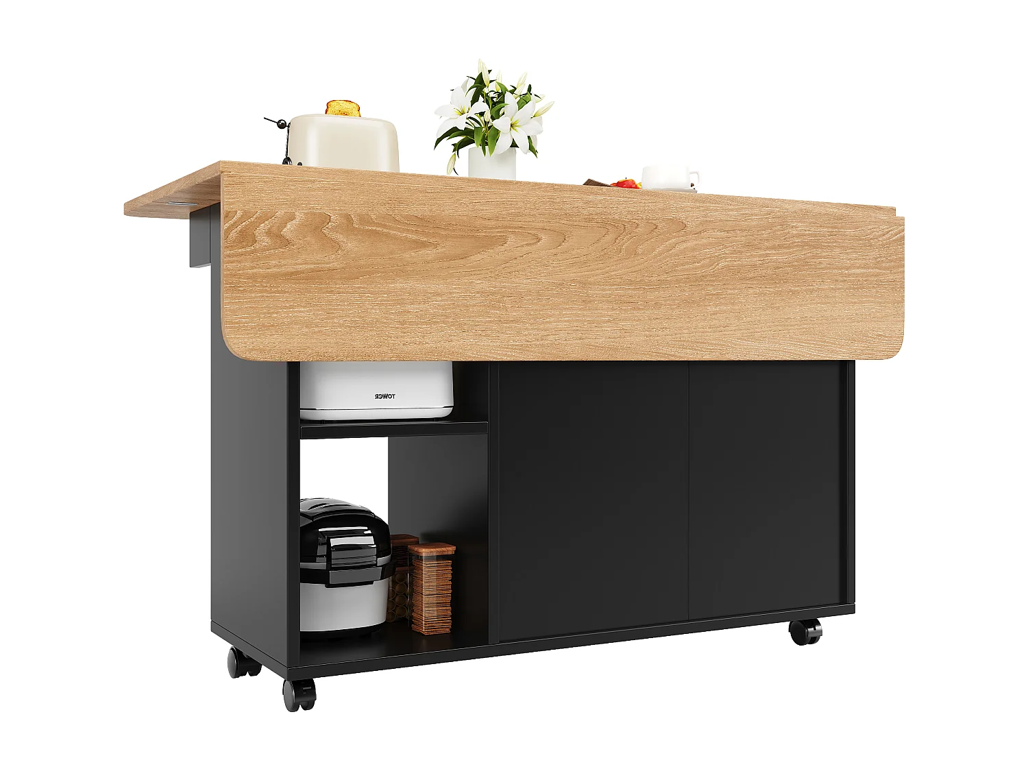 Îlot de cuisine 120x30x79.5 cm, plateau rabattable, roulettes, rangements ouverts et fermés, verre MDF, noir et naturel