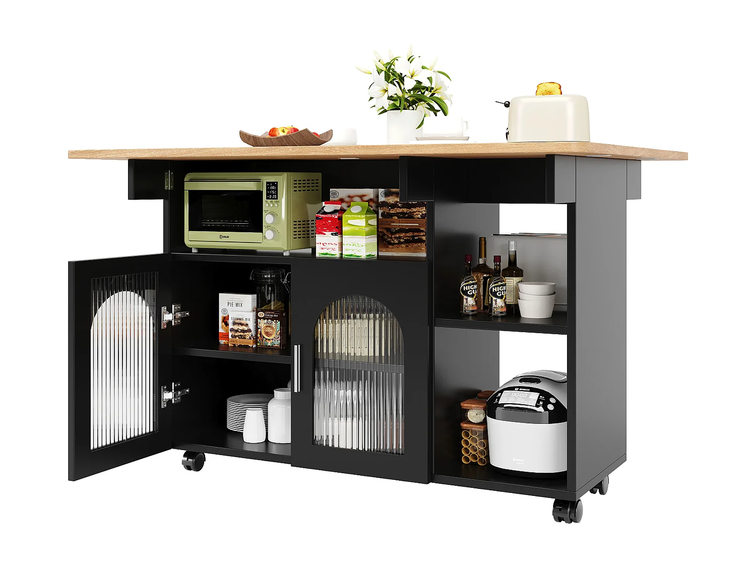 Îlot de cuisine 120x30x79.5 cm, plateau rabattable, roulettes, rangements ouverts et fermés, verre MDF, noir et naturel