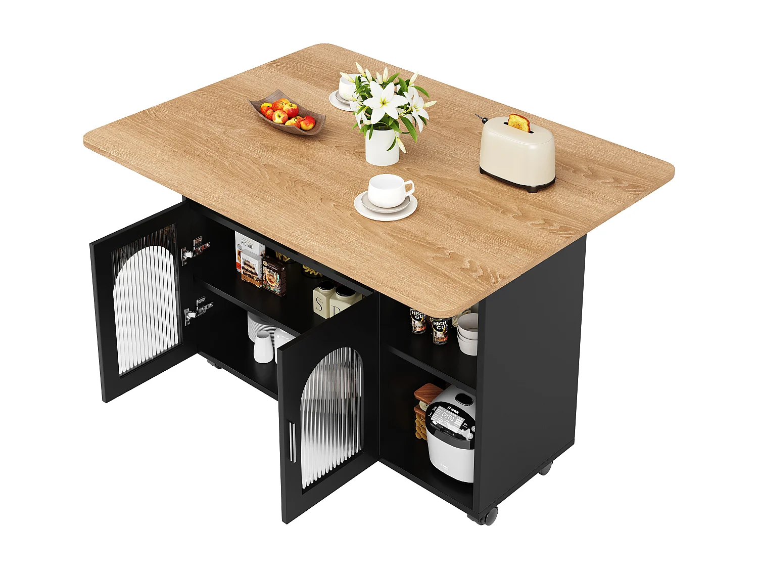 Îlot de cuisine 120x30x79.5 cm, plateau rabattable, roulettes, rangements ouverts et fermés, verre MDF, noir et naturel