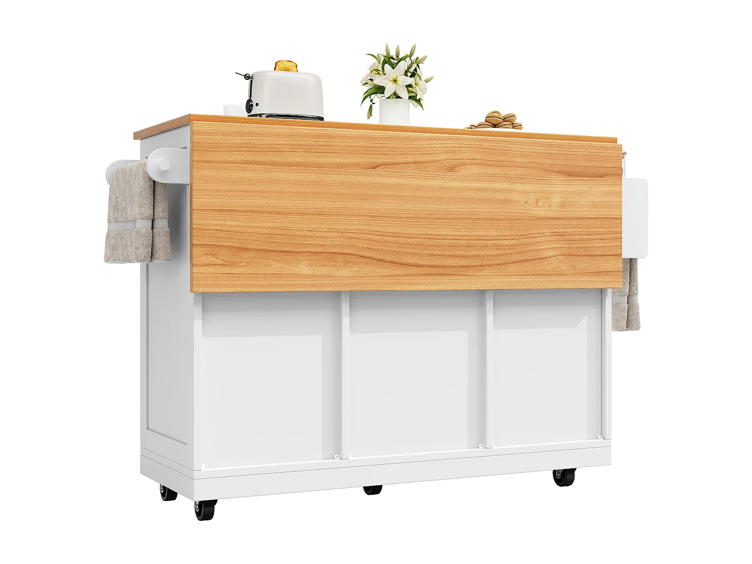 Desserte de cuisine 140x(40-70)x93.5 cm 4 portes et 2 tiroirs Îlot de cuisine avec plateau extensible - blanc