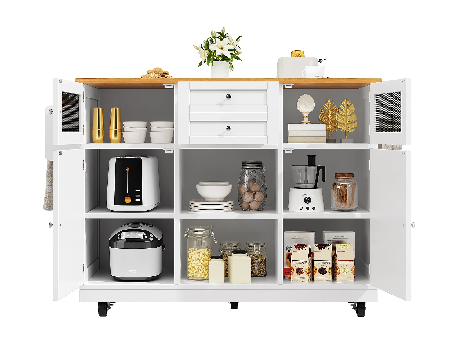 Îlot de cuisine 140x40x93.5 cm, plateau rabattable, roulettes, rangement et porte serviettes, MDF blanc