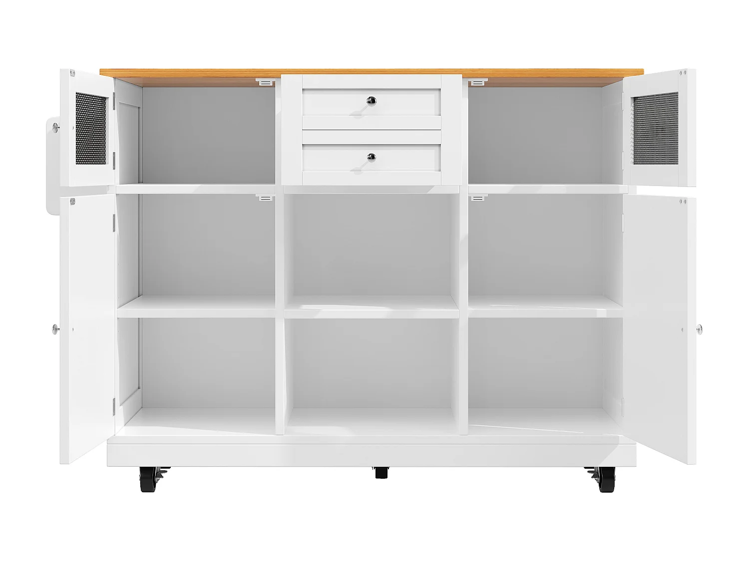 Îlot de cuisine 140x40x93.5 cm, plateau rabattable, roulettes, rangement et porte serviettes, MDF blanc