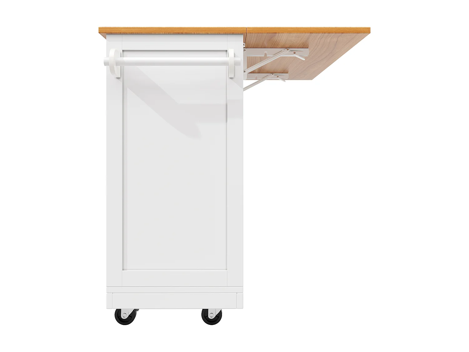 Îlot de cuisine 140x40x93.5 cm, plateau rabattable, roulettes, rangement et porte serviettes, MDF blanc