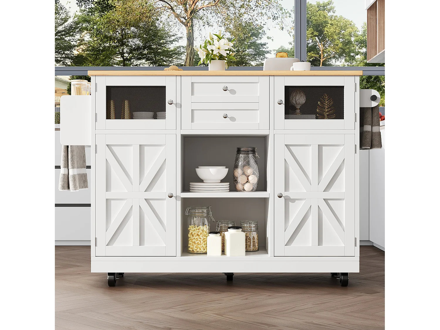 Îlot de cuisine 140x40x93.5 cm, plateau rabattable, roulettes, rangement et porte serviettes, MDF blanc