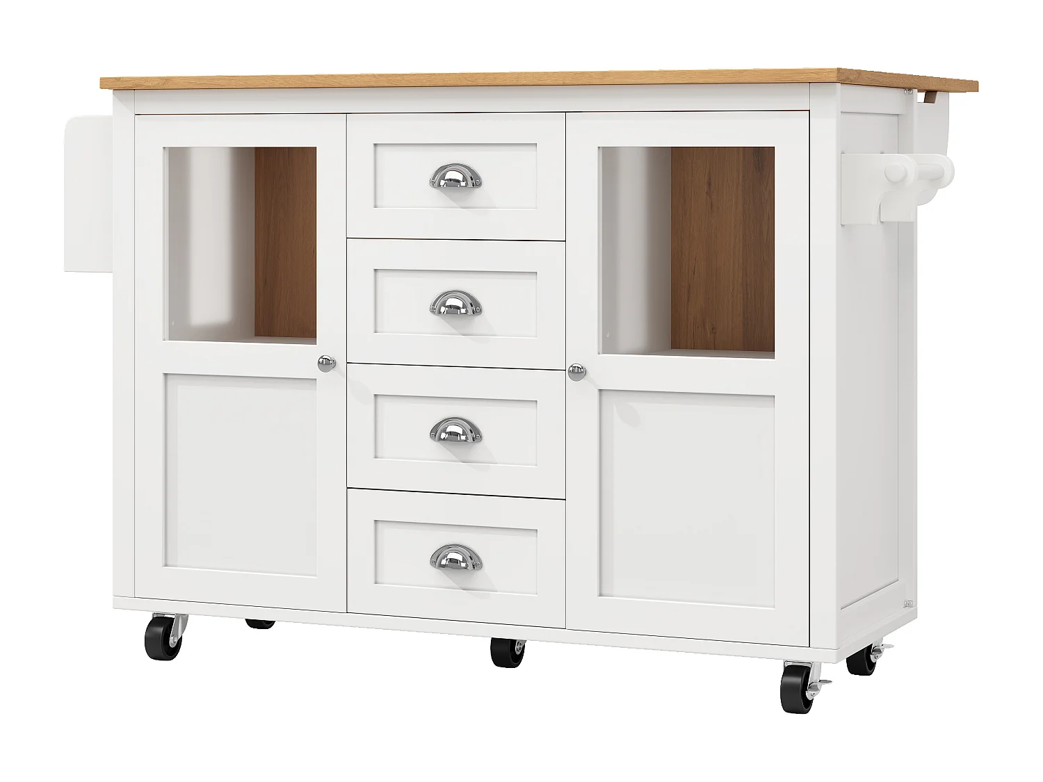 Îlot de cuisine 137.9x73x92.5 cm, plateau rabattable, 4 tiroirs et 2 portes, MDF et métal blanc