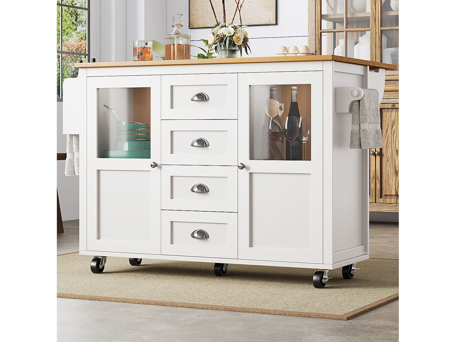 Îlot de cuisine 137.9x73x92.5 cm, plateau rabattable, 4 tiroirs et 2 portes, MDF et métal blanc