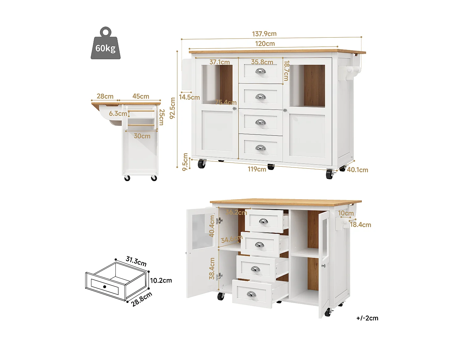 Îlot de cuisine 137.9x73x92.5 cm, plateau rabattable, 4 tiroirs et 2 portes, MDF et métal blanc
