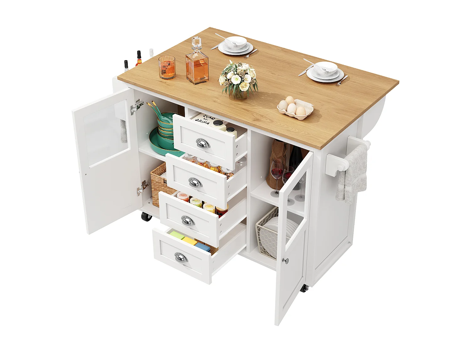 Îlot de cuisine 137.9x73x92.5 cm, plateau rabattable, 4 tiroirs et 2 portes, MDF et métal blanc