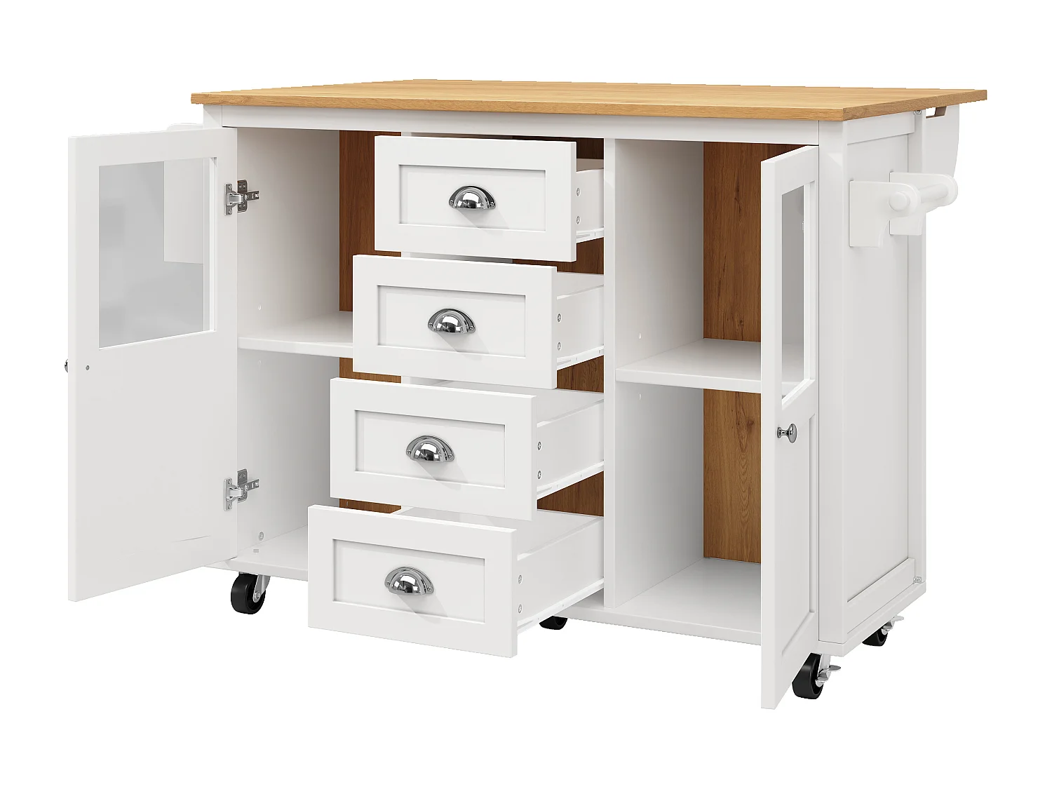 Îlot de cuisine 137.9x73x92.5 cm, plateau rabattable, 4 tiroirs et 2 portes, MDF et métal blanc