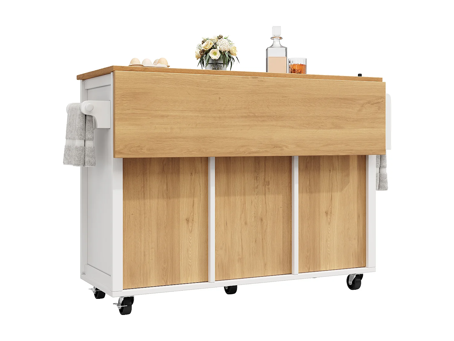 Îlot de cuisine 137.9x73x92.5 cm, plateau rabattable, 4 tiroirs et 2 portes, MDF et métal blanc