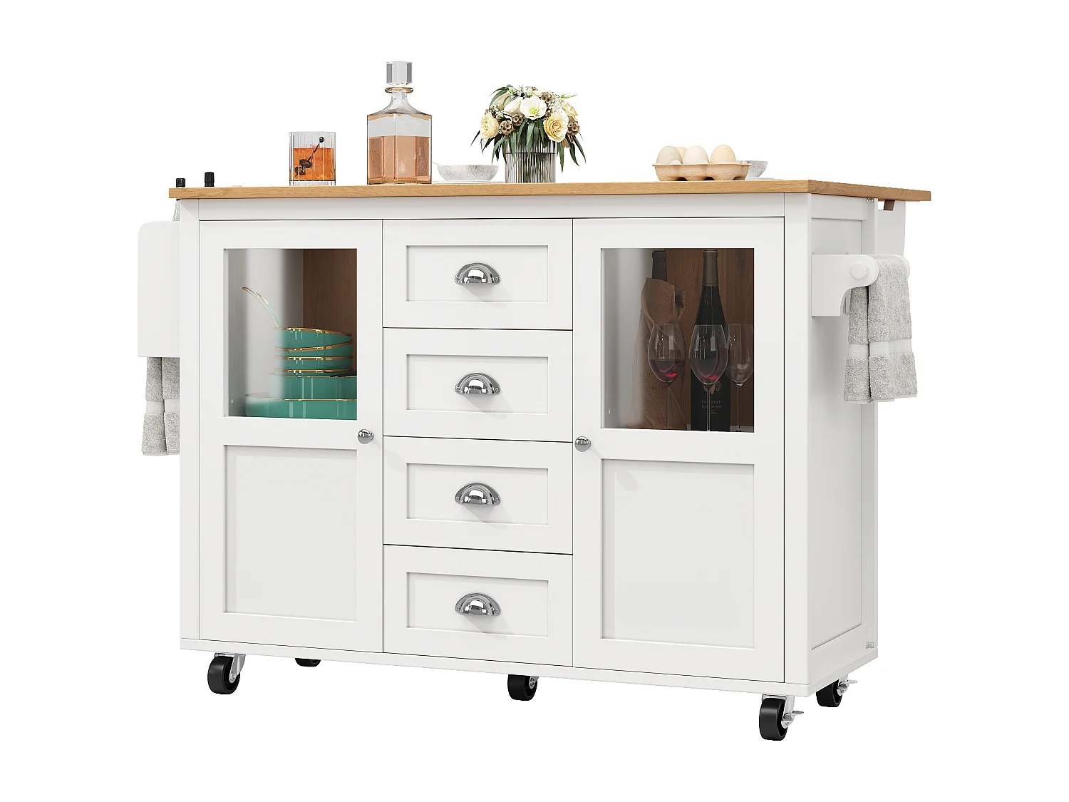 Îlot de cuisine 137.9x73x92.5 cm, plateau rabattable, 4 tiroirs et 2 portes, MDF et métal blanc