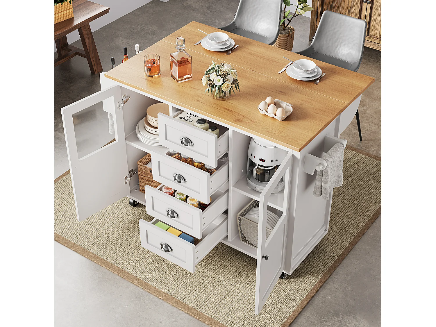 Îlot de cuisine 137.9x73x92.5 cm, plateau rabattable, 4 tiroirs et 2 portes, MDF et métal blanc