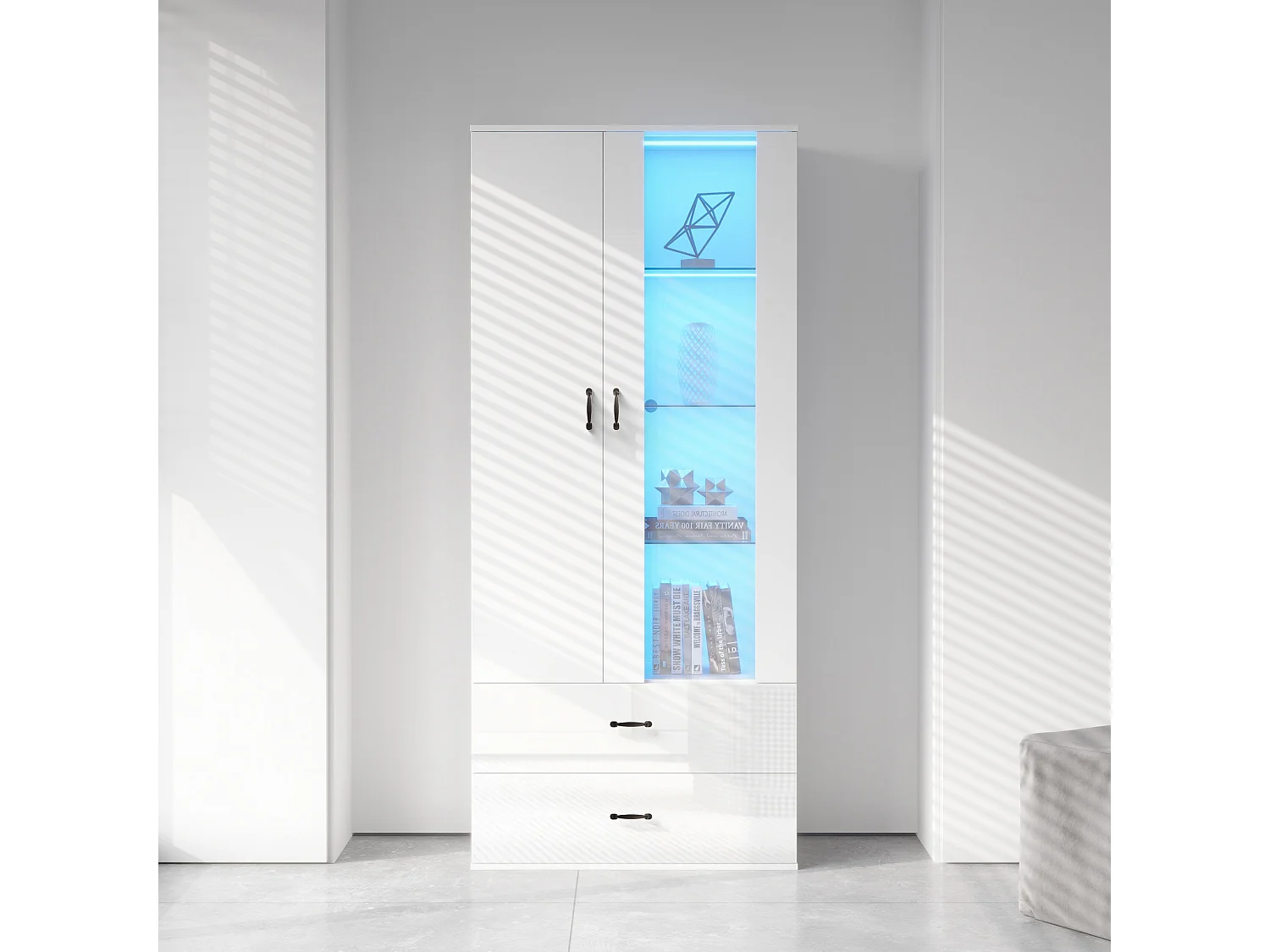 Vitrine 59.5x35x182 cm, 2 portes, éclairage LED Bluetooth, panneaux de particules, blanc