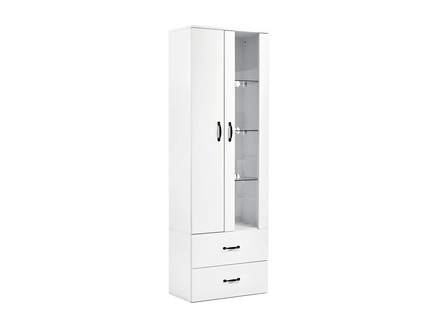 Vitrine 59.5x35x182 cm, 2 portes, éclairage LED Bluetooth, panneaux de particules, blanc