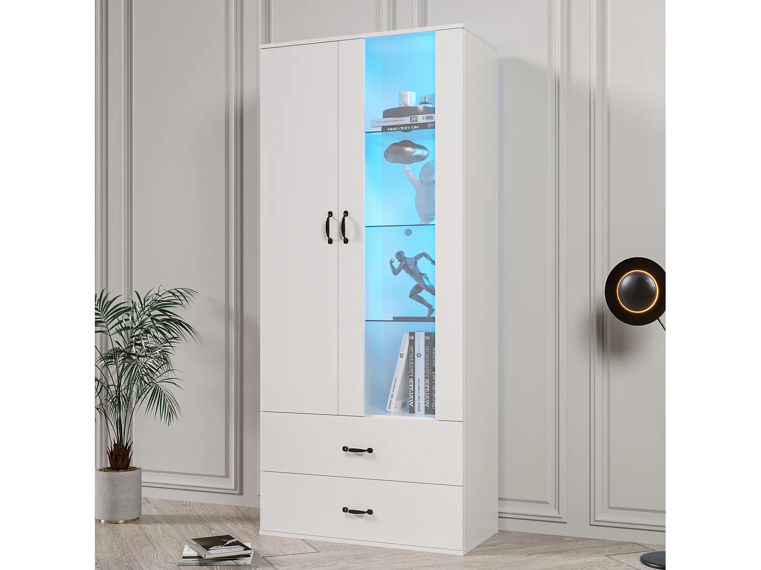 Vitrine 59.5x35x182 cm, 2 portes, éclairage LED Bluetooth, panneaux de particules, blanc
