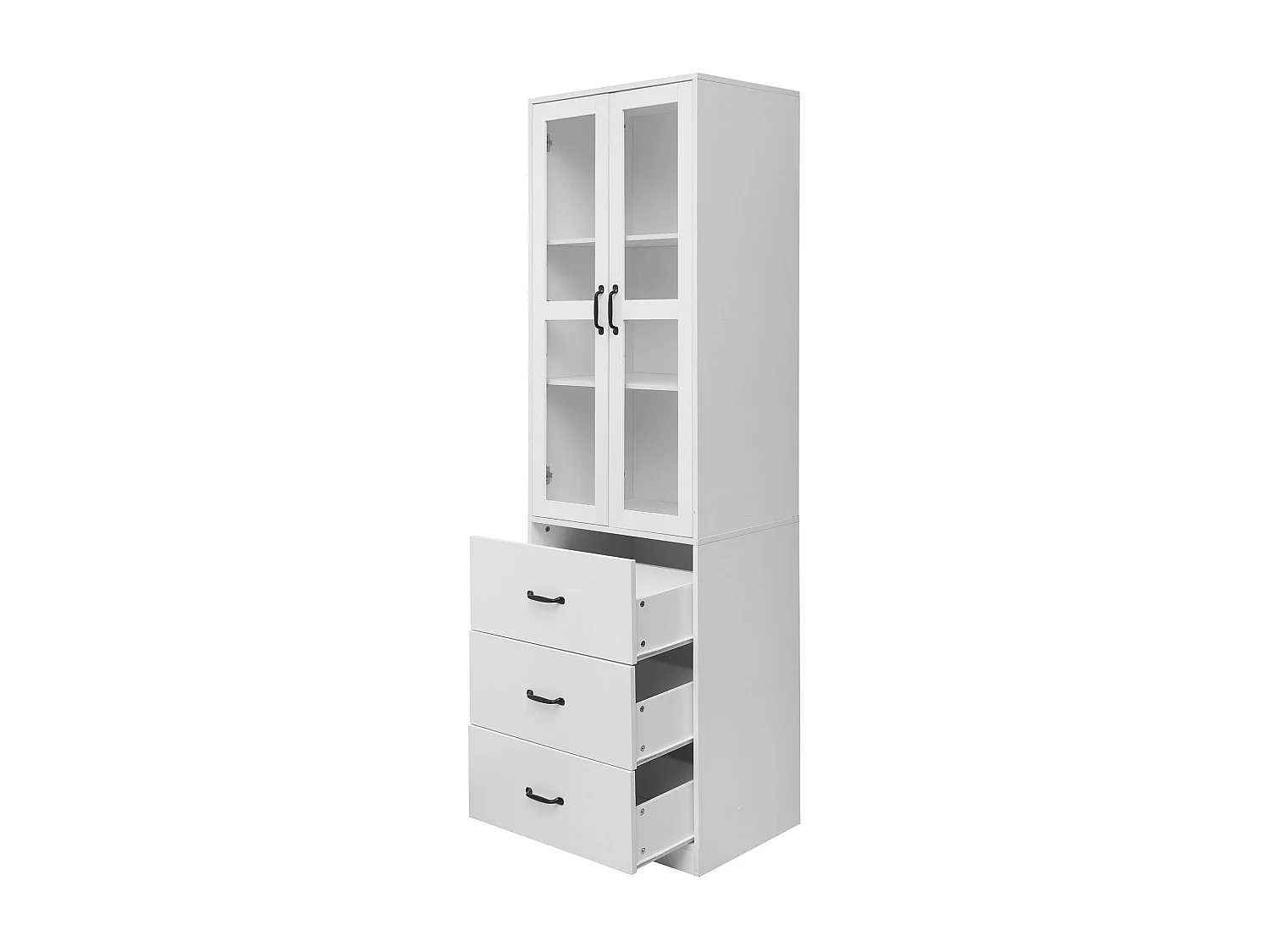 Vitrine, 2 portes, 3 tiroirs, étagères réglables, éclairage LED, MDF, blanc