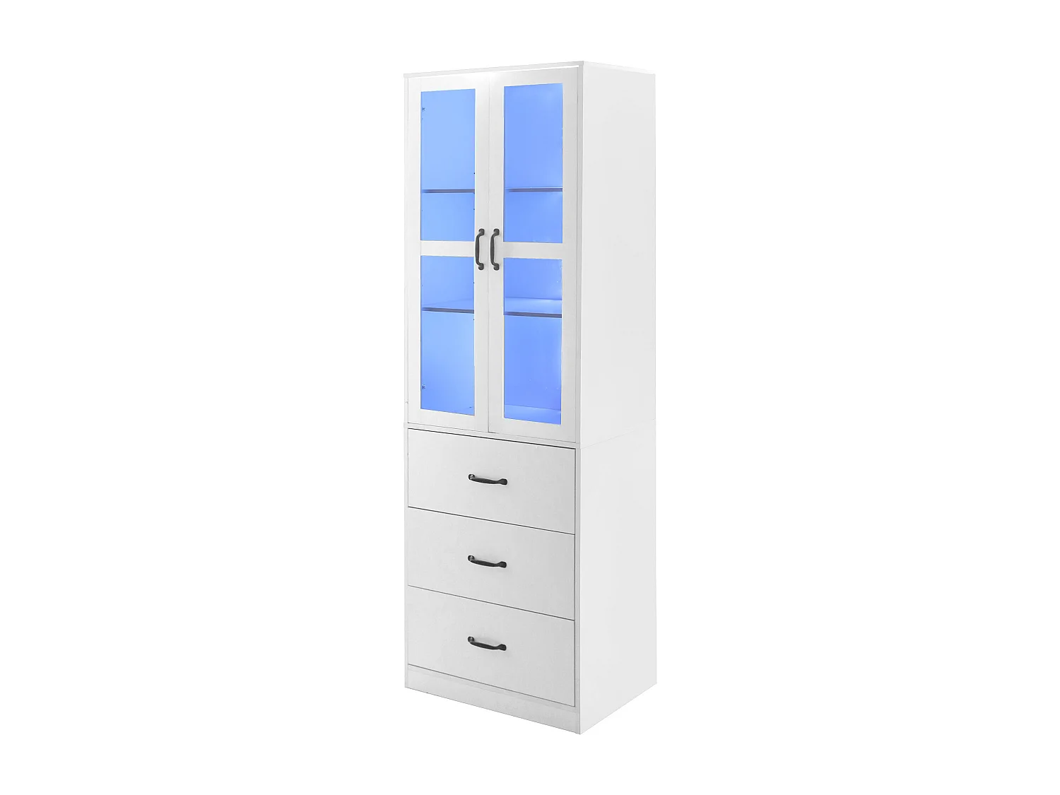 Vitrine, 2 portes, 3 tiroirs, étagères réglables, éclairage LED, MDF, blanc