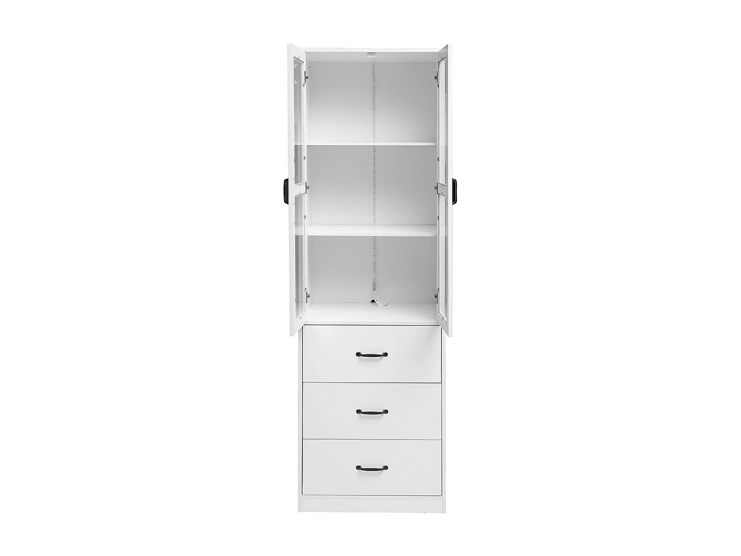 Vitrine, 2 portes, 3 tiroirs, étagères réglables, éclairage LED, MDF, blanc