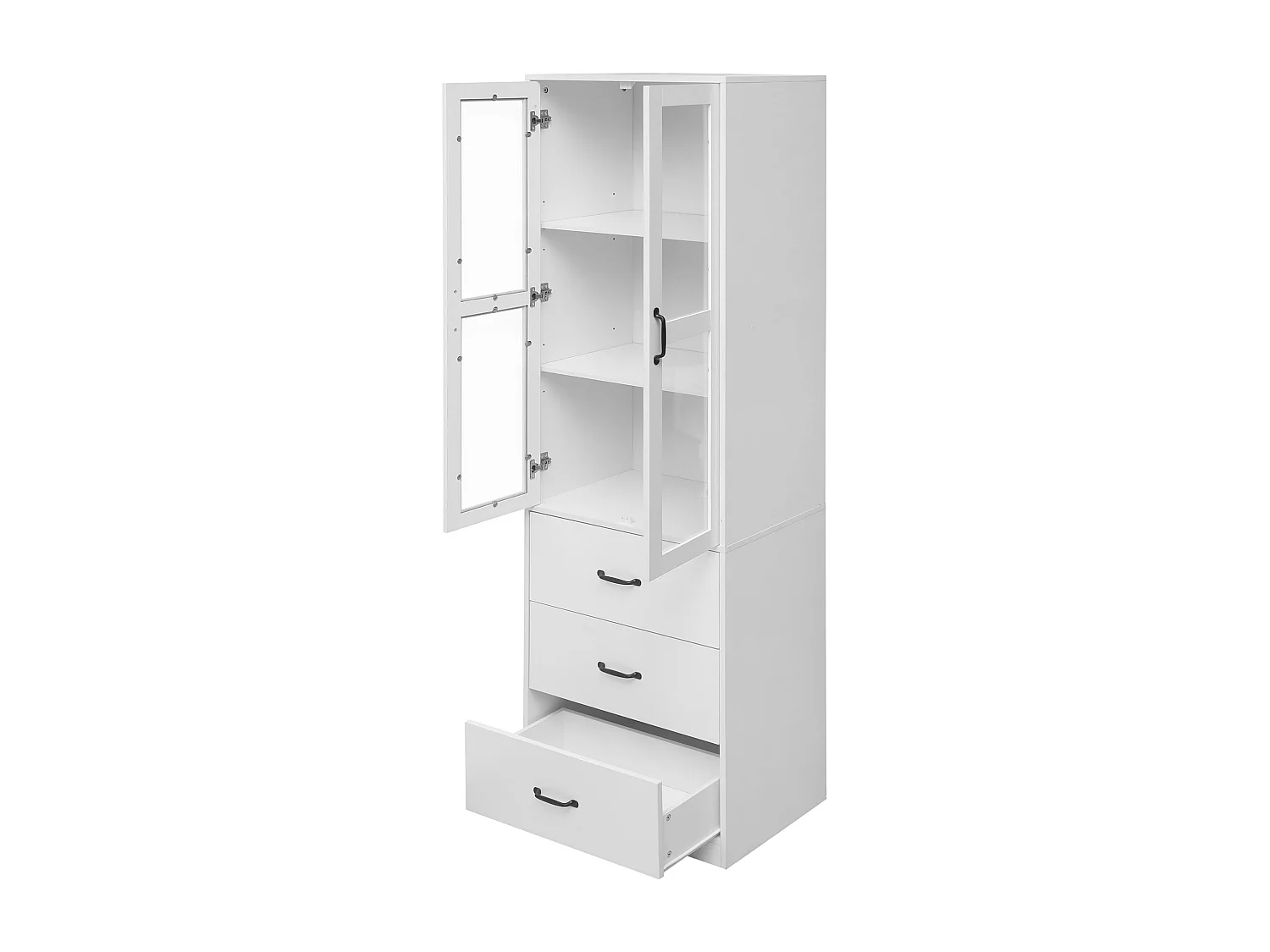 Vitrine, 2 portes, 3 tiroirs, étagères réglables, éclairage LED, MDF, blanc