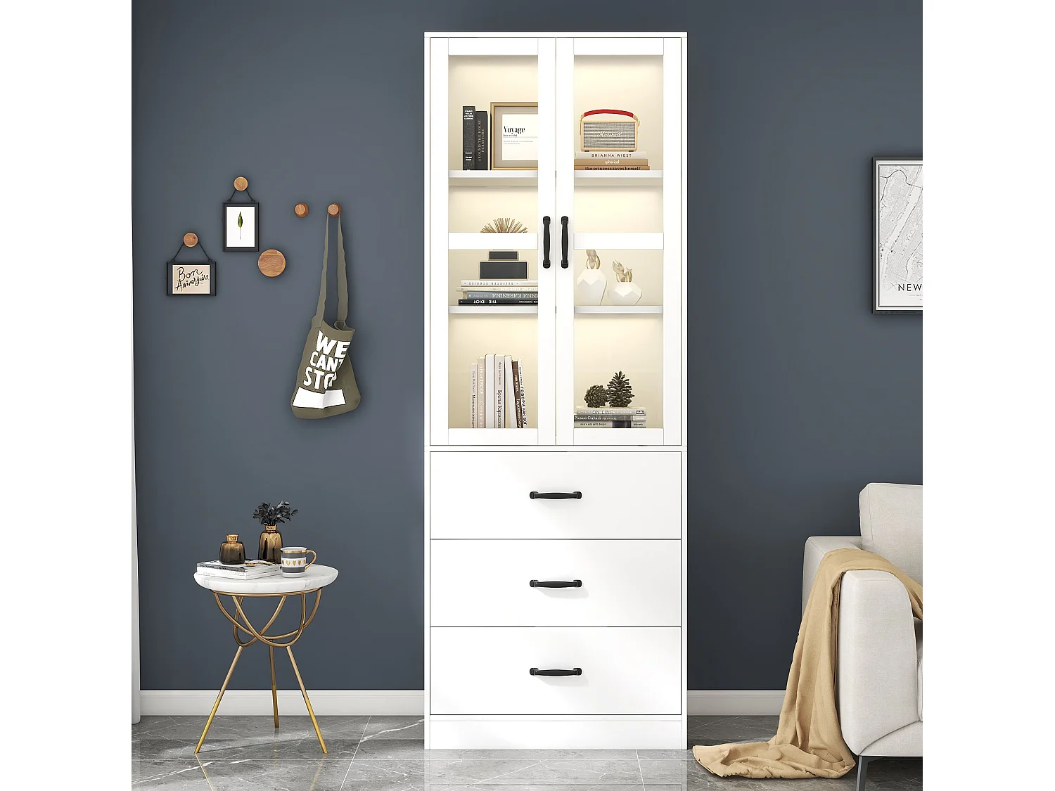 Vitrine, 2 portes, 3 tiroirs, étagères réglables, éclairage LED, MDF, blanc