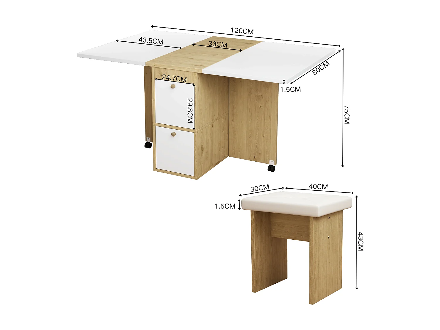 Ensemble table extensible 120x80x75 cm avec rangement + 4 chaises en similicuir - pieds en bois - blanc