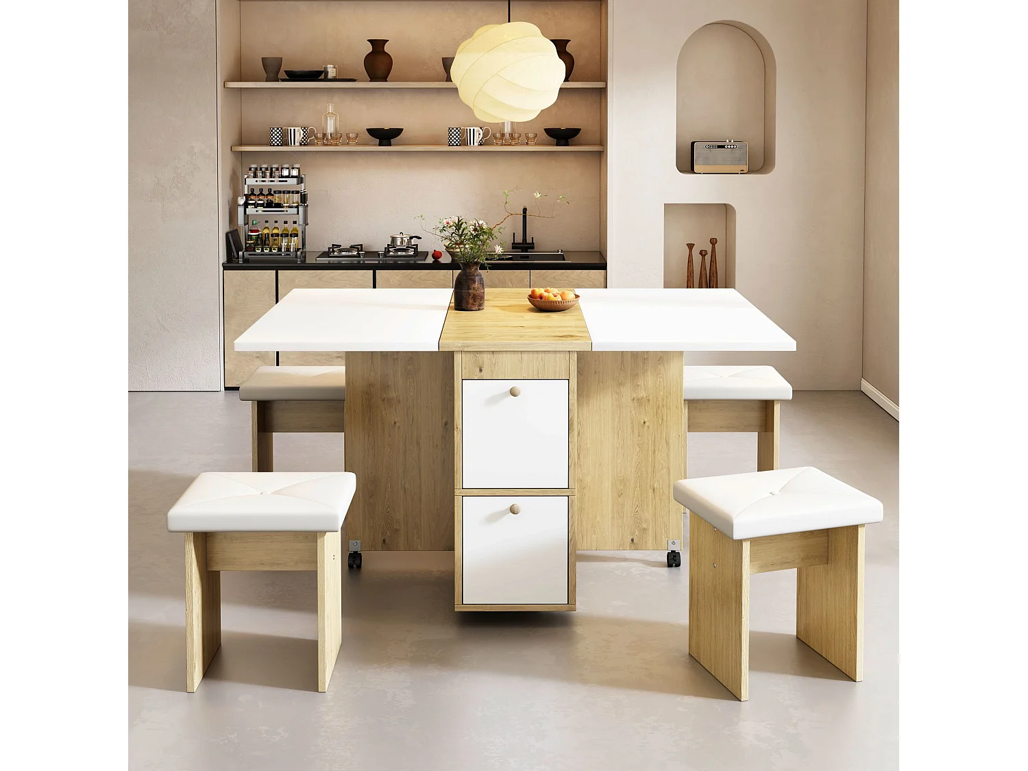 Ensemble table à manger avec 4 chaises, pliable et escamotable, multifonction, panneaux de particules, blanc et chêne